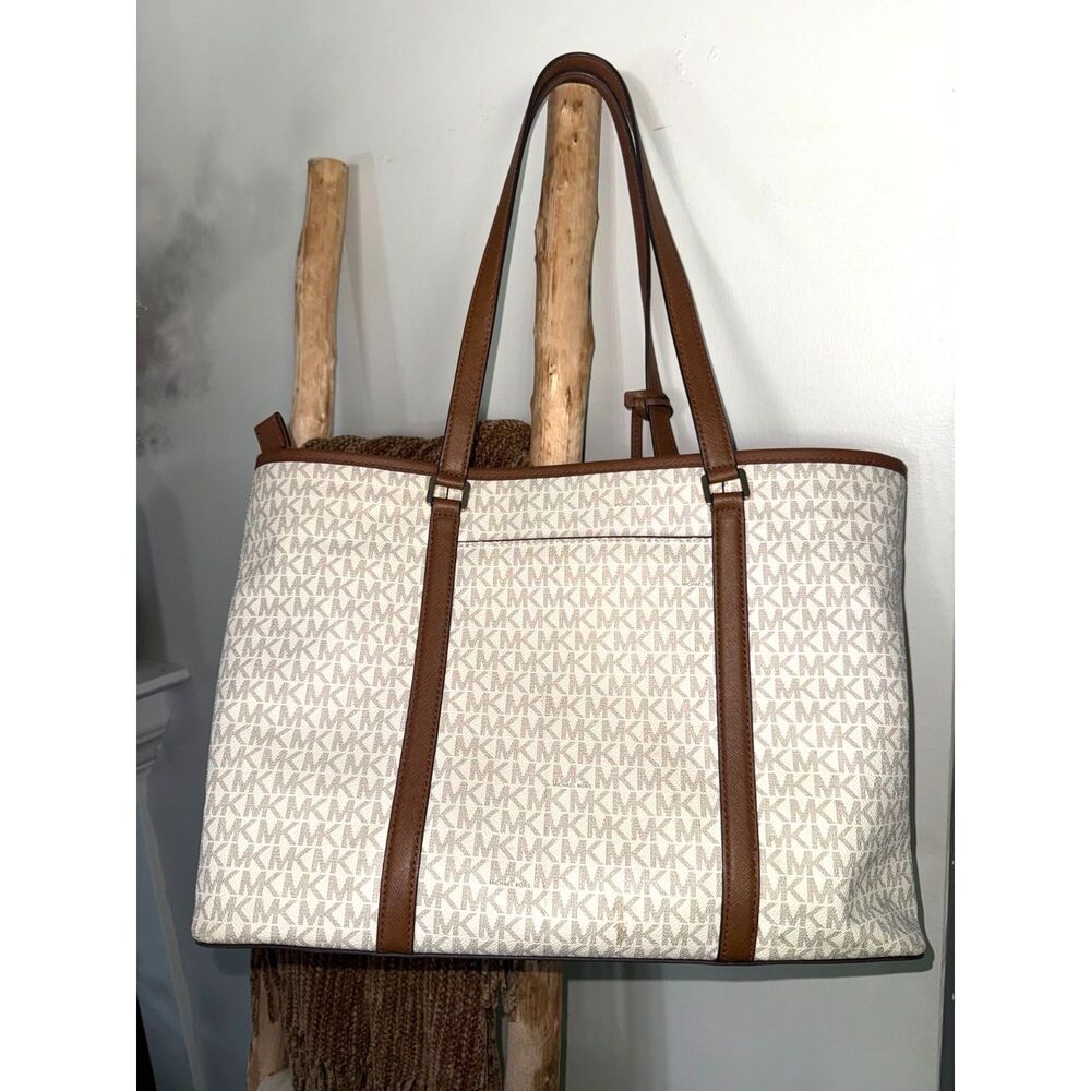 Michael Kors MK Brown Cream Leather Large Tote Logo Bag Purse - Picture 3 of 9